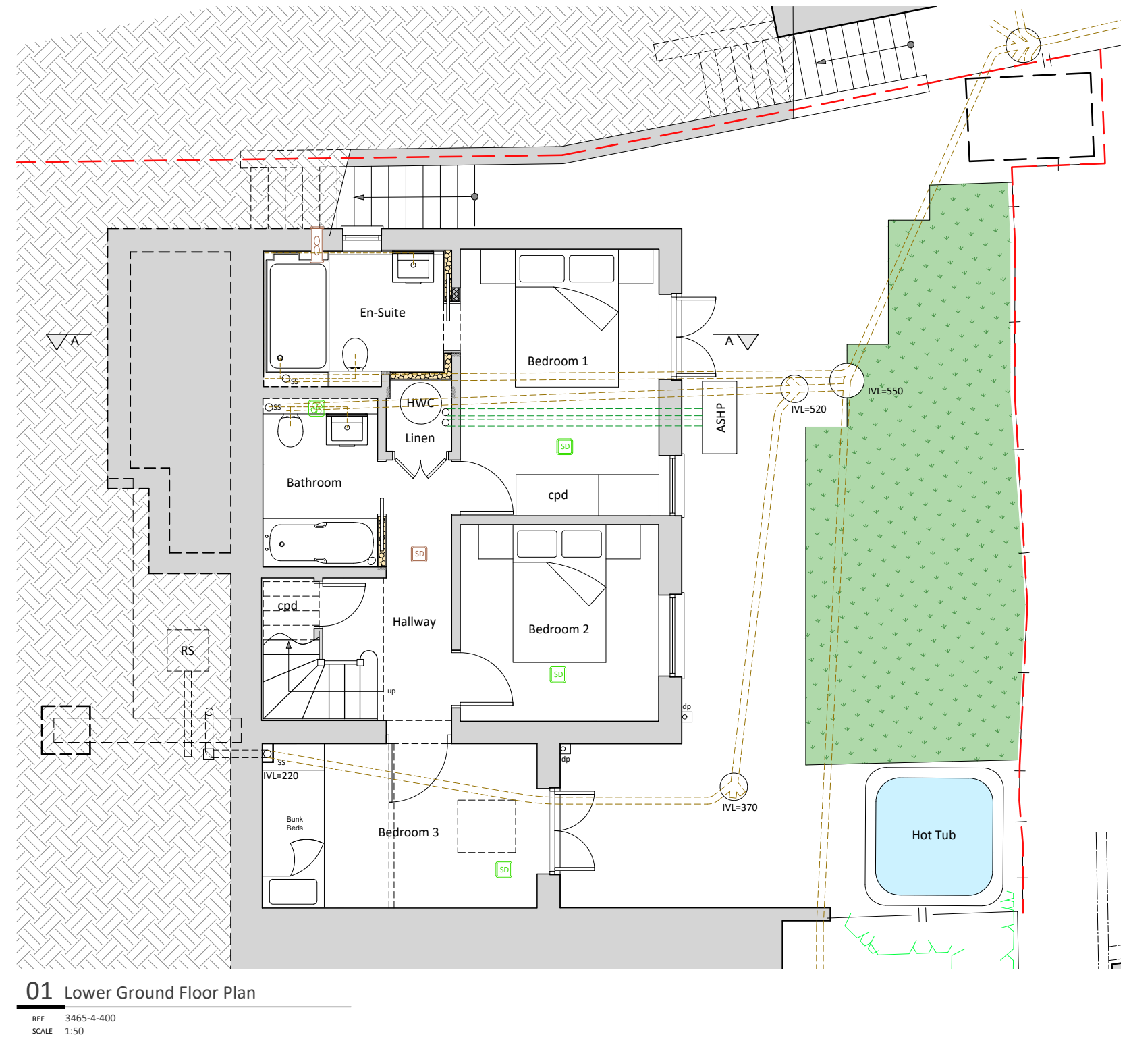 Downstairs floor plan showing three bedrooms, bathrooms and the hot tub outside