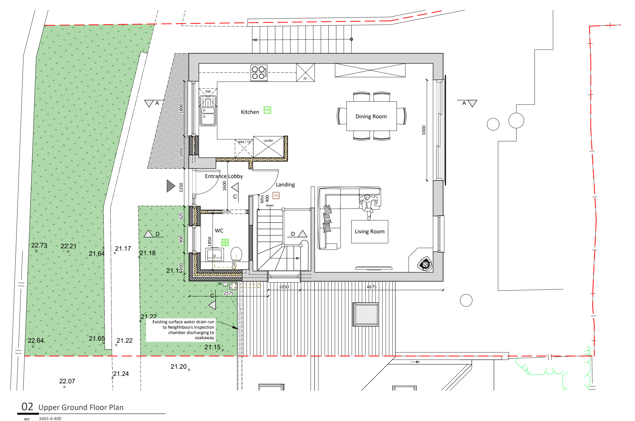 Upstairs floor plan with kitchen, dining room, living room and WC
